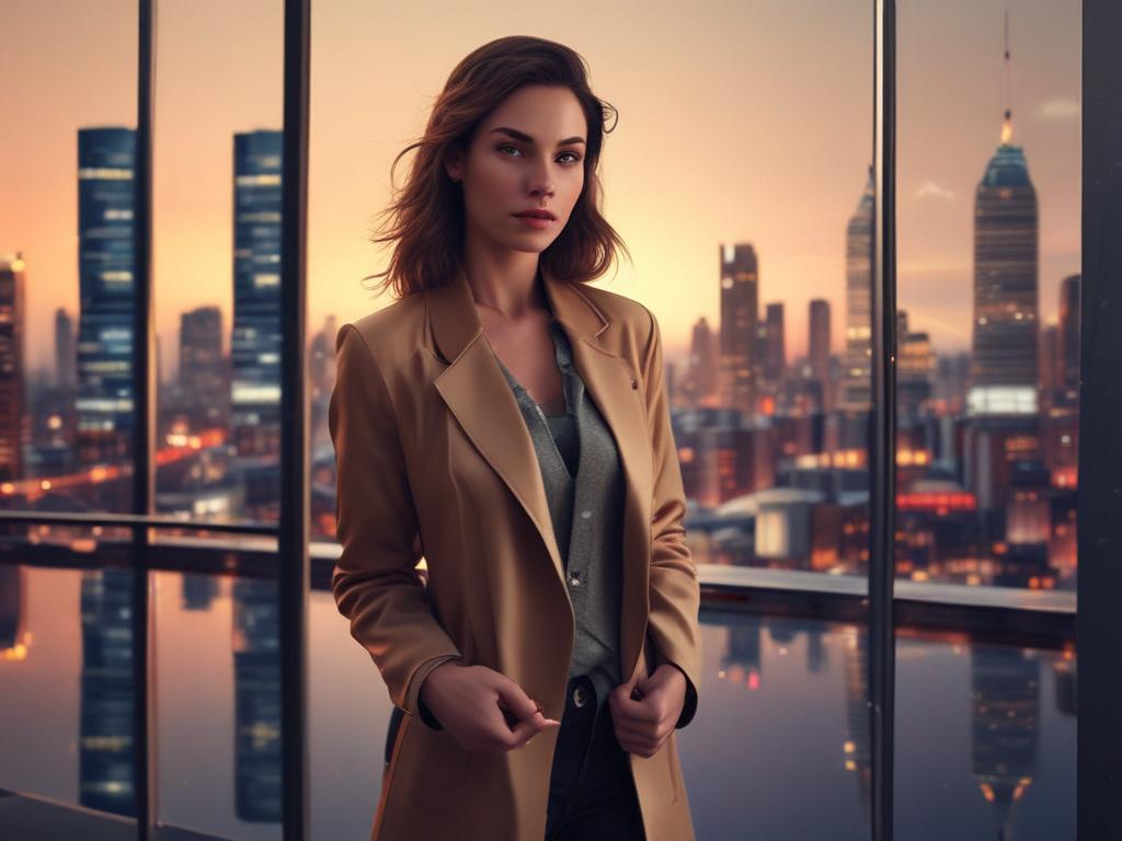 A sophisticated woman dressed in a stylish outfit, standing in