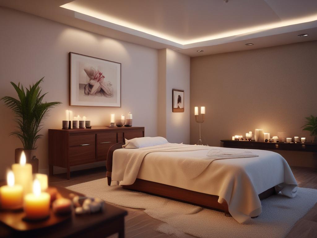 A tranquil massage room with soft candlelight and calming colors
