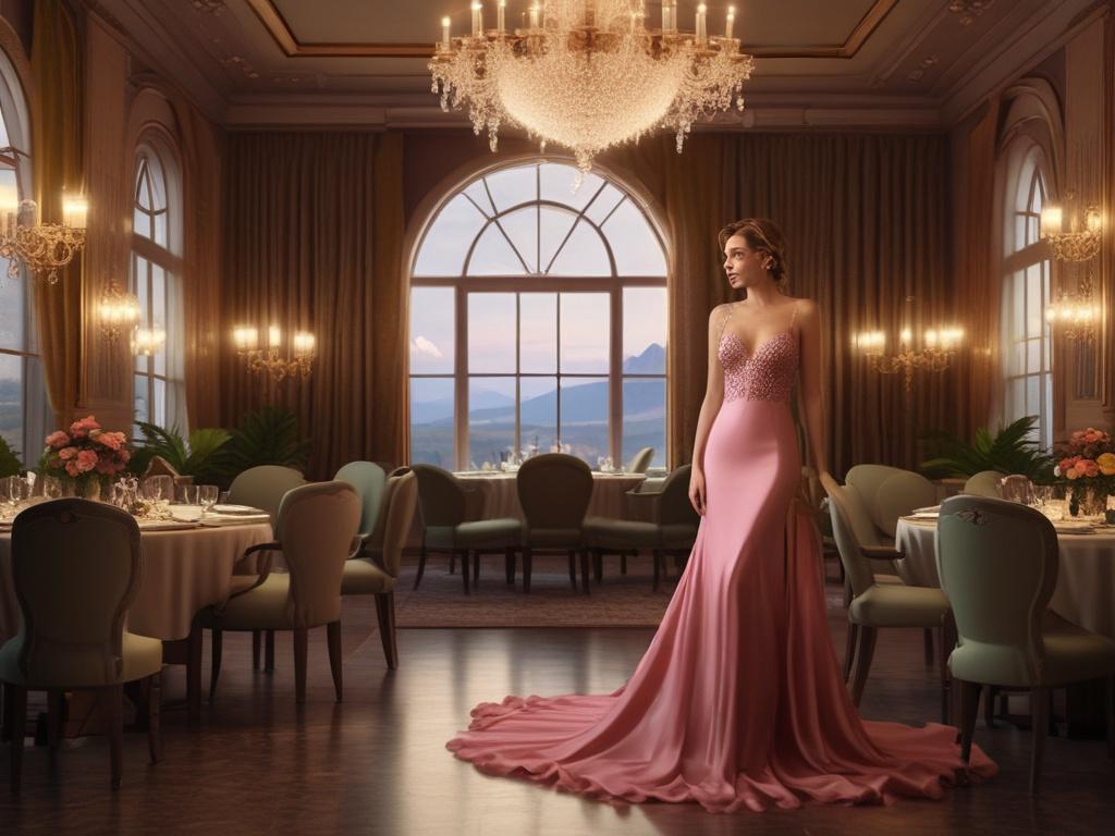 A stunning woman in an elegant evening gown, standing confidently