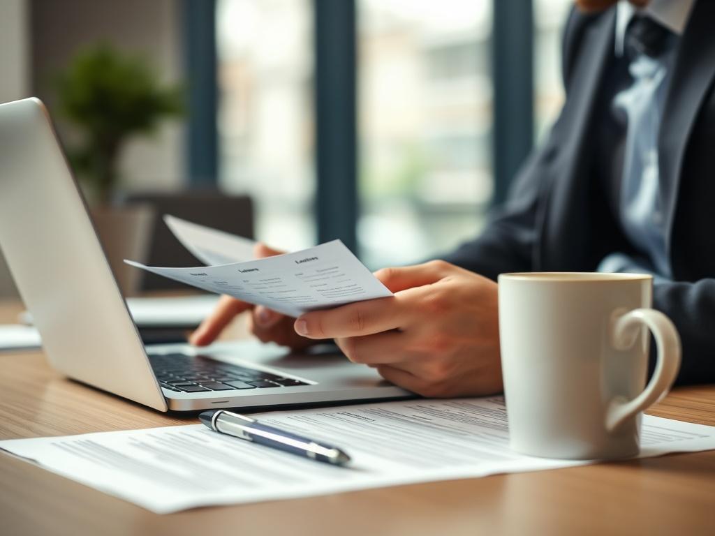 A close up of a business professional reviewing loan documents