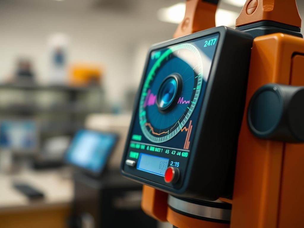 A close-up shot of a seismometer in action, displaying real-time data on a digital screen. The background should be a blurred laboratory setting, emphasizing the high-tech aspect of seismic monitoring. The colors should be vibrant to reflect the urgency and importance of the data being collected.