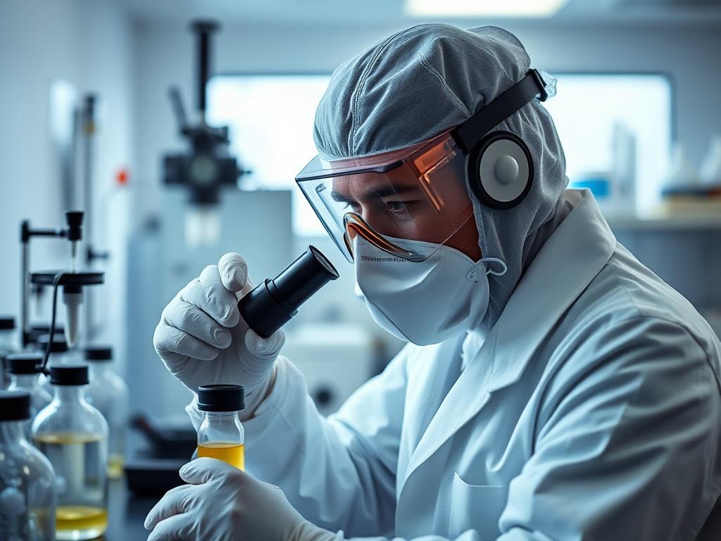 A high-resolution image of a scientist analyzing volcanic gas samples in a laboratory. The focus should be on the scientist wearing protective gear, with various geochemical instruments in the background. The lighting should highlight the importance of the analysis being conducted.
