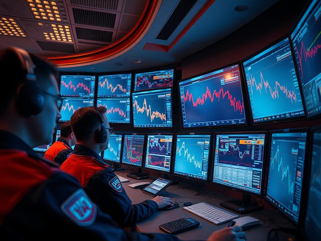 A realistic image of a crisis communication center with personnel actively monitoring screens displaying seismic data. The atmosphere should convey urgency and professionalism, showcasing the importance of timely alerts for public safety.