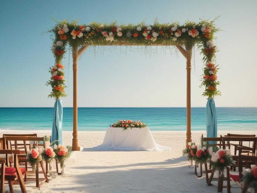 A romantic beach setting featuring a beautifully decorated wedding altar with floral arrangements and draped fabric, set against a backdrop of turquoise waters and a clear blue sky. The composition should be minimalistic, focusing solely on the altar as the main subject, with soft, natural lighting enhancing the vibrant colors of the flowers and the serene ambiance of the beach. The image should evoke a sense of tranquility and romance, capturing the essence of a perfect wedding trip.