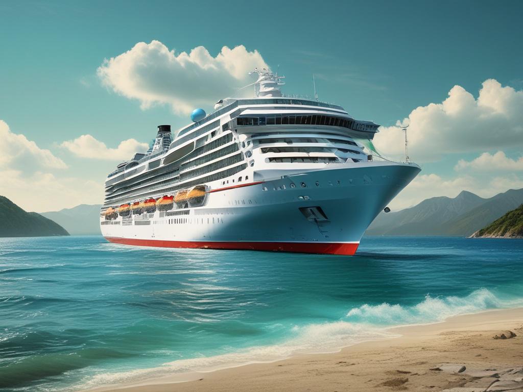 A magnificent cruise ship gliding through crystal-clear turquoise waters, with a backdrop of lush green mountains and a bright blue sky. The ship, elegantly designed, stands out against the vibrant landscape, showcasing its grandeur. The scene captures the essence of adventure and relaxation, inviting viewers to imagine themselves aboard this vessel, ready to explore the wonders of North America. Use deep shadows and dramatic lighting to enhance the image's atmosphere, ensuring a rich contrast that highligh