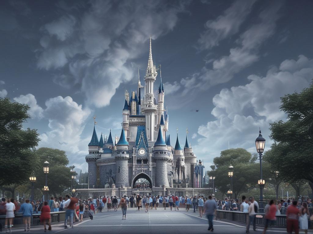 A high-resolution image showcasing a vibrant Disneyworld park scene. The composition should feature a single iconic landmark from Disneyworld, such as Cinderella's Castle, surrounded by joyful children and families enjoying the magical atmosphere. The background should be a clear blue sky with soft gray clouds, capturing the essence of a sunny day at the park. The colors should harmonize with shades of rich blues and soft grays, creating a cool-toned environment that evokes excitement and wonder.