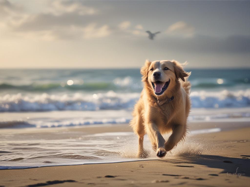 A realistic high-resolution image showcasing a happy dog playing on a sandy beach with gentle waves in the background. The dog is a golden retriever, running freely with its ears flapping in the wind. The scene captures the essence of a pet-friendly travel experience, with soft gray clouds and a rich blue ocean. The composition is simple and clear, focusing on the joyful dog at play, conveying a sense of adventure and freedom. The overall tone of the image should evoke warmth and happiness, compatible with 