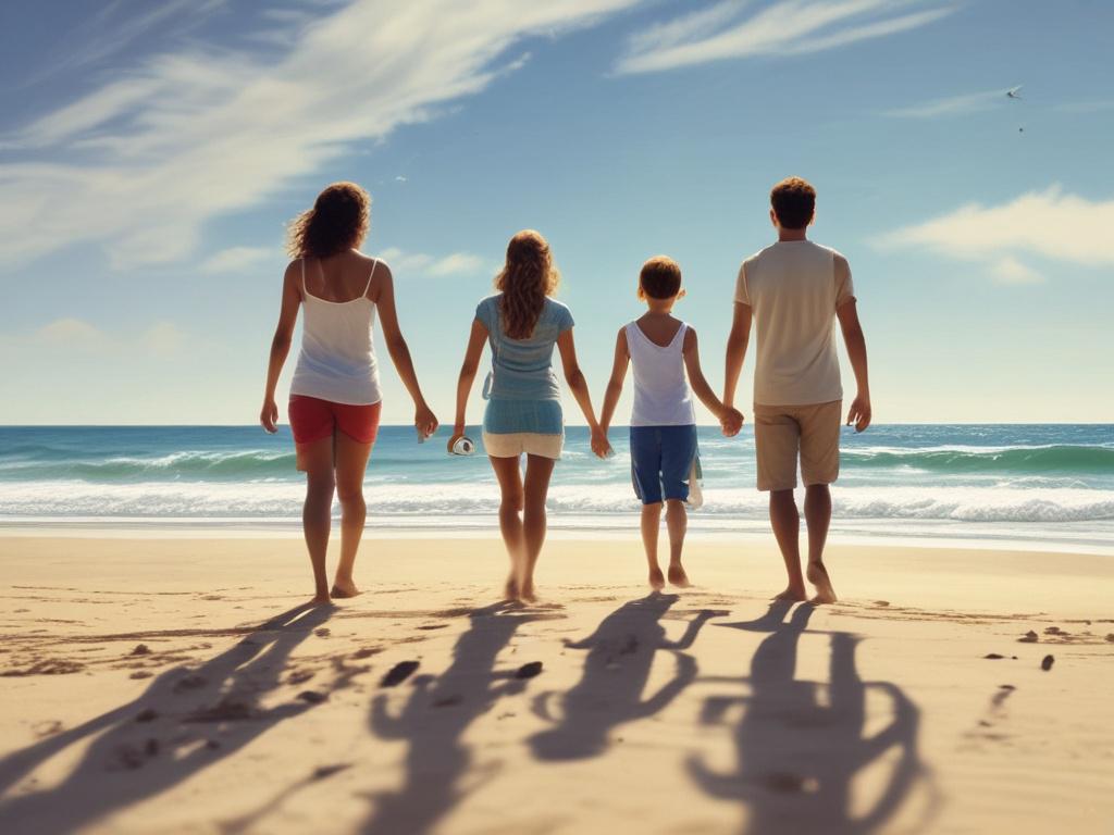 A family of four enjoying a beach vacation, smiling and