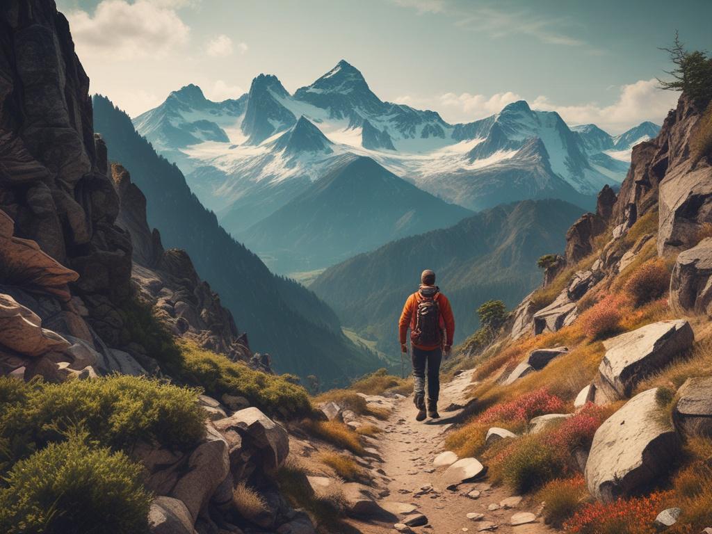 A person hiking on a rugged mountain trail, surrounded by