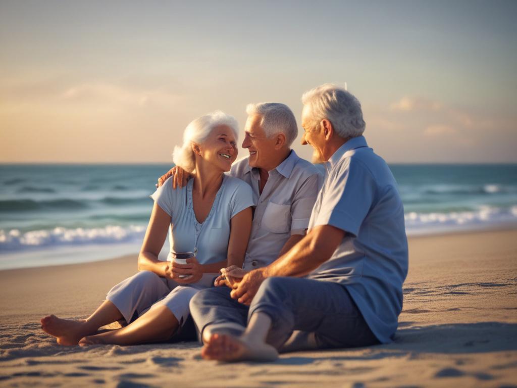 A serene high-resolution photo of an elderly couple smiling while sitting on a beach, enjoying the sunset. The couple is relaxed and engaged with each other, showcasing warmth and connection. The background features a calm ocean with soft waves and a pastel-colored sky, blending rich blues and soft grays. The image should evoke a sense of peace and adventure, with gentle lighting enhancing the tranquil atmosphere.