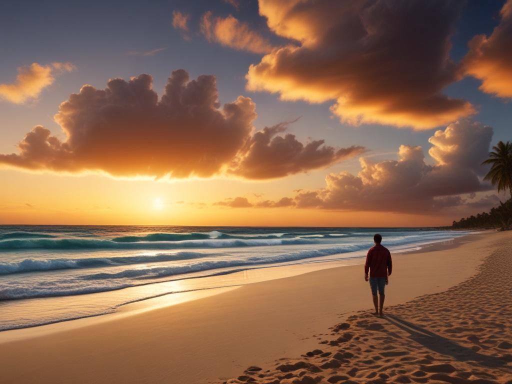 A stunning view of a tropical beach with crystal clear waters and a vibrant sunset in the background. The composition should feature a lone traveler standing on the sandy shore, looking out at the horizon. The scene should capture the serene beauty of nature, with palm trees framing the sides and a dramatic sky filled with rich oranges and purples. The atmosphere should evoke a sense of wonder and adventure, inviting viewers to imagine themselves in this idyllic setting.