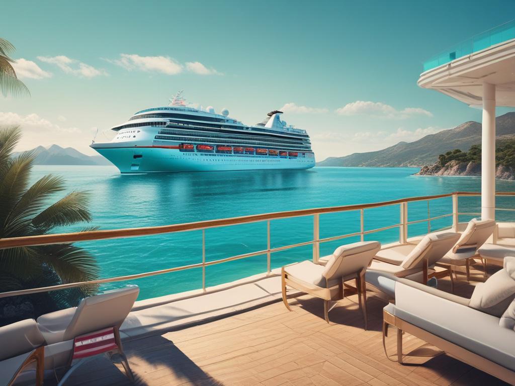 A luxurious cruise ship sailing through turquoise waters under a clear blue sky. The ship is modern and sleek, showcasing vibrant colors. In the background, picturesque islands can be seen, with palm trees swaying gently. The foreground features clear waves splashing against the ship, emphasizing the feeling of adventure and relaxation. The composition is simple and clear, focusing solely on the cruise ship as the subject.
