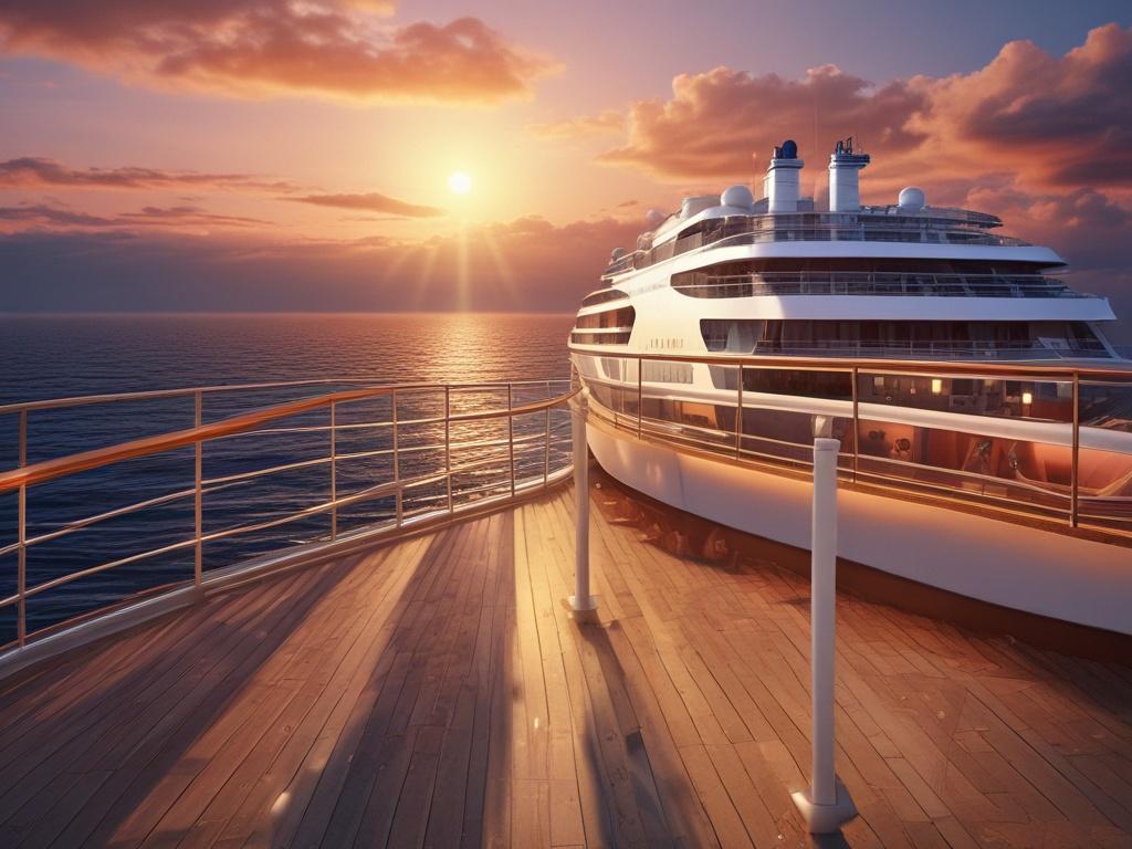 A luxurious cruise ship sailing on the ocean at sunset, casting a warm glow across the water. The ship is elegantly designed, showcasing its modern features and inviting atmosphere. The background features a stunning sunset with vibrant oranges and pinks blending seamlessly into the blue sky. The composition highlights the grandeur of the ship, with subtle waves reflecting the colors of the sky. High-resolution, photorealistic details capture the serenity and beauty of cruise travel.
