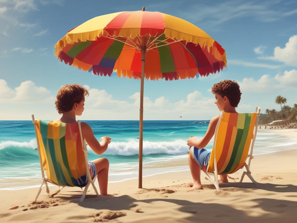 A picturesque family enjoying a sunny beach vacation, building sandcastles together. The scene captures the joy of family bonding, with vibrant beach umbrellas and crystal-clear waves in the background. The composition focuses on the family's smiles and laughter, creating a warm and inviting atmosphere. High-resolution, photorealistic details showcase the sun's golden rays reflecting on the water. Minimalistic elements enhance the overall clarity, with bold colors emphasizing the happiness of the moment.
