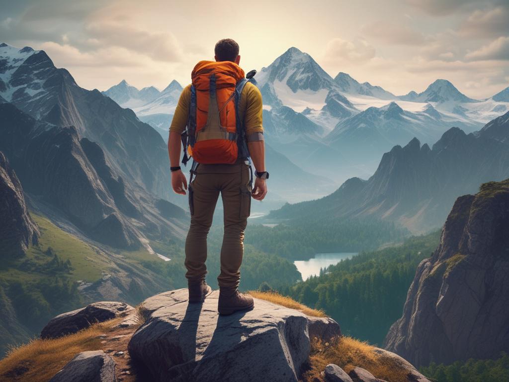 A breathtaking mountain landscape with an adventurer standing on a cliff's edge, arms raised in triumph. The background showcases majestic peaks, lush valleys, and a clear blue sky. The composition captures the essence of adventure, emphasizing the thrill of conquering nature. High-resolution, photorealistic details highlight the textures of the rocks and the vibrant colors of the landscape. The scene radiates energy and inspiration, inviting others to embark on their own adventure.