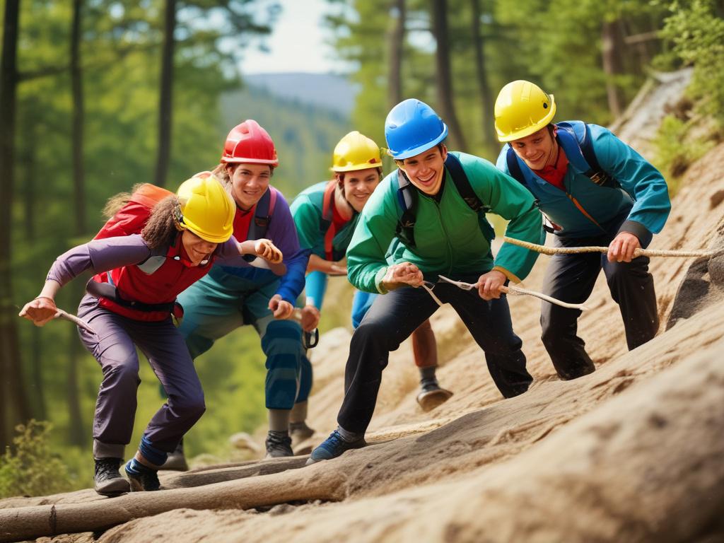 A high-resolution image showcasing a diverse group of professionals engaging in an outdoor team-building activity, such as a trust fall or obstacle course. The setting is a scenic nature backdrop with vibrant greenery and clear blue skies. The group is laughing and interacting, showcasing camaraderie. The composition is minimalistic, focusing solely on the group, with clean lines and bold colors that convey energy and teamwork.