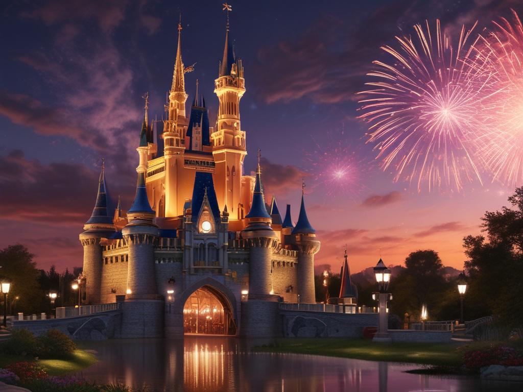 A high-resolution, photorealistic image of a magical Disney castle at sunset, surrounded by vibrant fireworks lighting up the sky. The castle should be the main subject, showcasing its enchanting architecture with clean lines and bold colors. The background should include a clear sky transitioning from orange to deep blue, creating a dreamlike atmosphere. The overall composition should emphasize the castle's grandeur and the excitement of a Disney adventure.