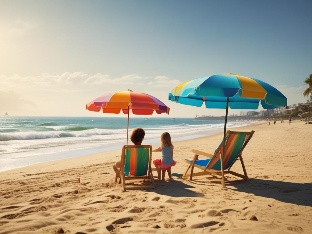 A happy family of four enjoying a beach vacation, with children playing in the sand and parents relaxing under a colorful beach umbrella. The background features gentle waves and a clear blue sky, creating a serene and joyful atmosphere. The lighting is bright and warm, emphasizing the happiness and togetherness of the family.