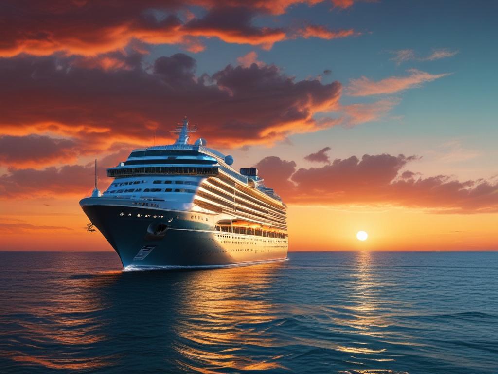 A majestic cruise ship sailing through turquoise waters at sunset, with vibrant colors reflecting off the water. The ship is elegantly lit, showcasing its grandeur against the backdrop of a picturesque coastline. The atmosphere is serene and inviting, capturing the essence of a luxurious cruise experience.