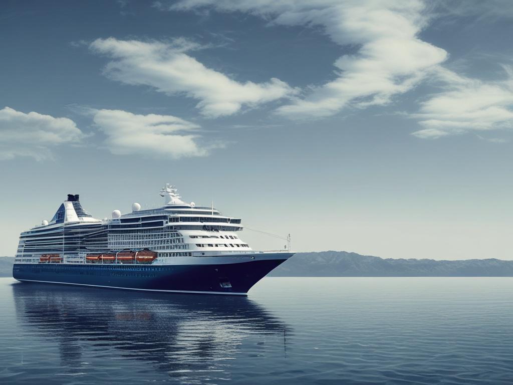 A luxurious cruise ship sailing through deep blue waters under a clear sky. The ship is prominently featured, showcasing its elegant design and structure. In the background, distant islands can be seen, hinting at adventure. The overall color scheme includes rich blues for the ocean and soft grays for the ship, creating a sophisticated and inviting atmosphere.