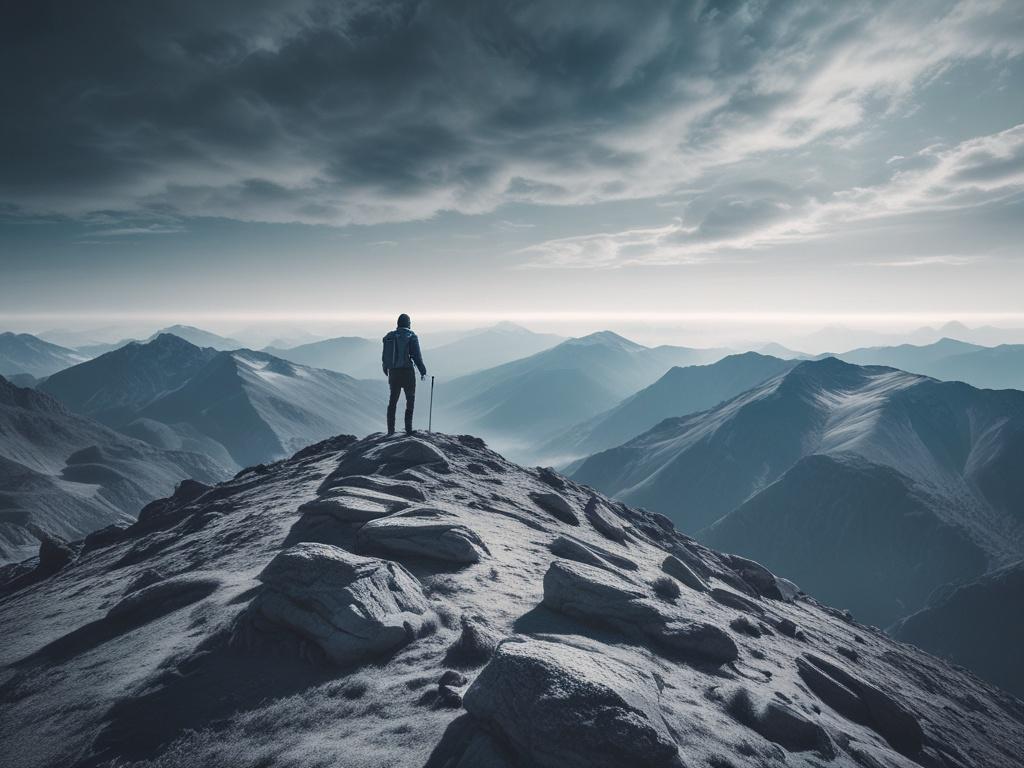 A stunning, high-resolution photograph of a breathtaking mountain landscape, showcasing a solitary hiker standing triumphantly on a summit. The background features a clear blue sky with wispy clouds and distant peaks shrouded in soft gray mist. The hiker is dressed in vibrant outdoor gear, embodying the spirit of adventure. The color palette should evoke a sense of calm, utilizing rich blues and soft grays, harmonizing with the primary color rgb(50, 170, 39). The overall composition should be simple and cle