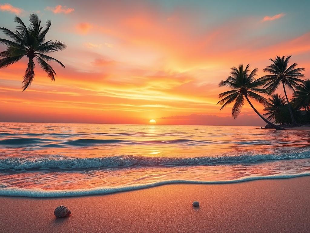 A stunning landscape featuring a vibrant sunset over a serene beach. The foreground includes gentle waves lapping at the shore, with a few seashells scattered on the sand. In the background, lush palm trees sway softly in the breeze, creating a tropical paradise vibe. The colors are bold and vibrant, emphasizing the beauty of nature, with the primary color palette harmonizing with rgb(242, 240, 239). The composition is minimalistic, focusing on the tranquility and allure of the destination.