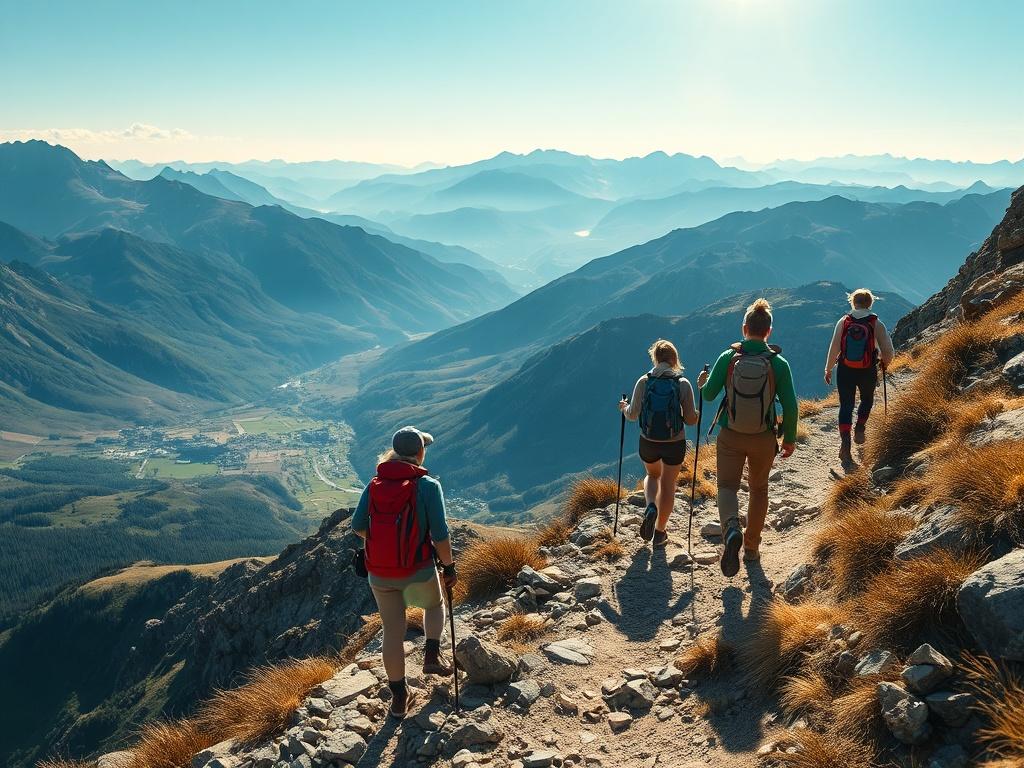 A group of adventurous travelers hiking on a rugged mountain trail, with breathtaking views of valleys and peaks in the background. The sun is shining brightly, illuminating the vibrant colors of the hikers' gear. The scene captures the essence of adventure, camaraderie, and the thrill of exploring the great outdoors.