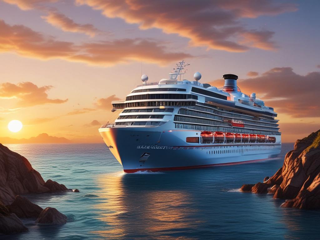 A luxurious Virgin Voyages cruise ship sailing gracefully through clear turquoise waters, with a vibrant sunset in the background. The ship is adorned with modern design elements and glowing lights, showcasing its elegant exterior. In the foreground, a couple can be seen enjoying a romantic dinner on the ship's deck, surrounded by lush greenery and stylish furnishings. The overall composition should evoke a sense of adventure and relaxation, with a focus on the ship as the main subject.