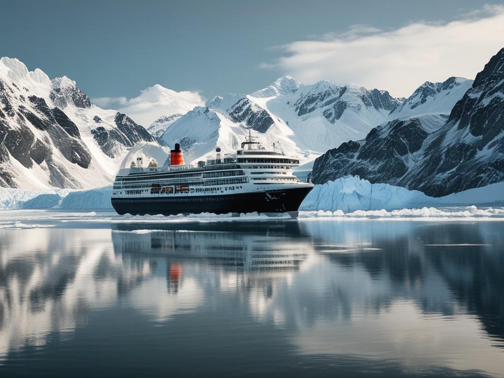 A majestic glacier in Alaska, with deep blue hues and intricate ice formations, towering over a calm, reflective bay. In the foreground, a small cruise ship sails smoothly through the water, with passengers enjoying the breathtaking views. The background features rugged mountain peaks under a clear blue sky, emphasizing the grandeur of Alaska's natural beauty. The composition is simple and clear, focusing on the ship as the main subject, with rich contrasts and dramatic lighting enhancing the overall atmosp
