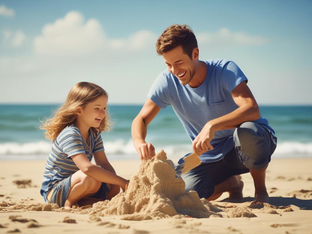A joyful family of four, laughing and playing on a sunny beach, with vibrant blue waves crashing in the background. The parents are building a sandcastle with their two children, showcasing their happiness and togetherness. The scene is filled with bright colors, capturing the essence of a perfect family vacation. The composition is clean and minimalistic, focusing on the family as the main subject.