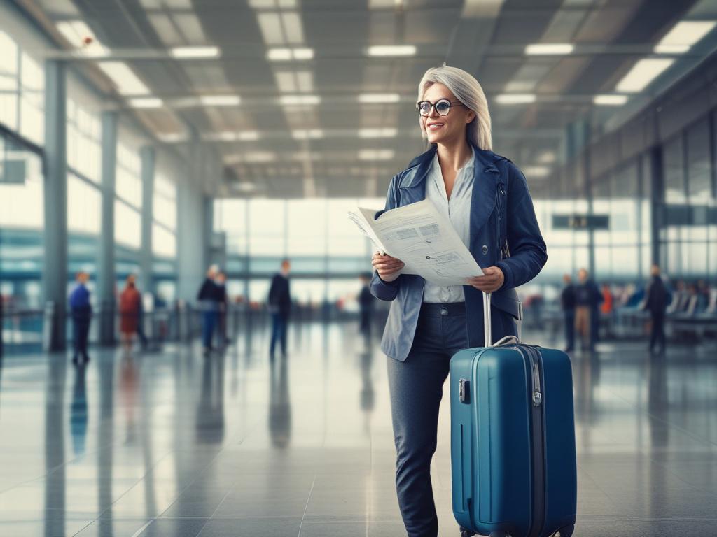 A realistic high-resolution photo of a traveler holding a travel insurance policy document while standing at an airport terminal. The subject is a middle-aged woman with a joyful expression, dressed in comfortable travel attire, surrounded by luggage. The background features a soft-focus view of the airport with cool-toned lighting, showcasing shades of rich blues and soft grays, creating a calm and reassuring atmosphere.