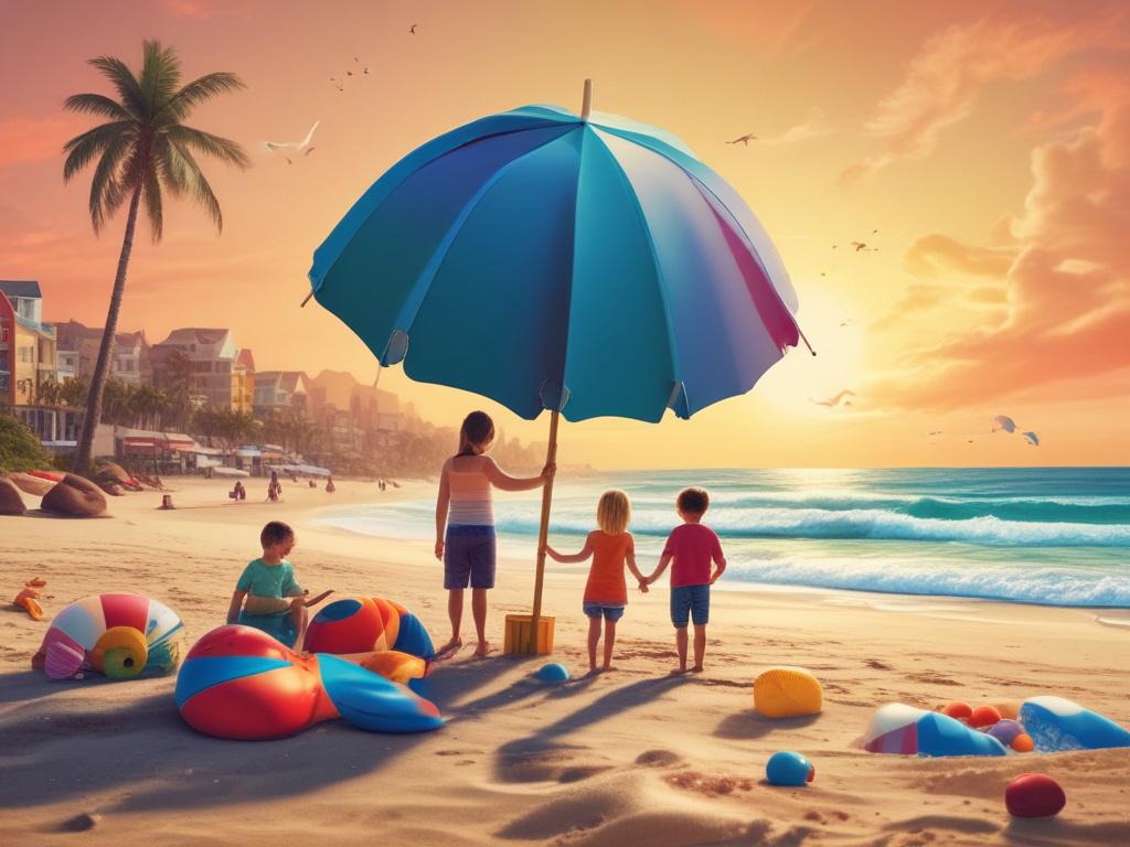 A happy family of four enjoying a beach vacation, playing in the sand with colorful beach toys. The background showcases a vibrant ocean with waves gently crashing, under a clear blue sky. The family radiates joy and togetherness, with sun hats and sunglasses, capturing the essence of a perfect family getaway.