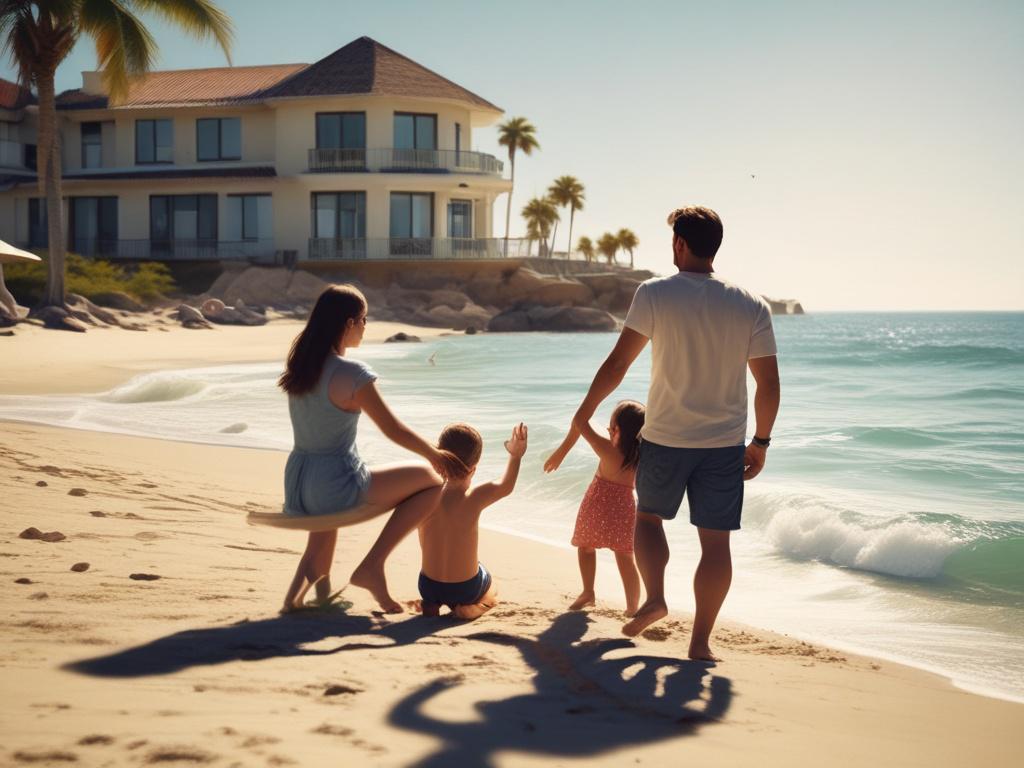 A serene family vacation scene at a beach, showcasing a family enjoying quality time together. The image captures a father and mother playing with their two children, building a sandcastle. The background features a clear blue ocean and a vibrant sky, while the foreground is filled with soft sand and beach toys. The composition is minimalistic with clean lines, emphasizing the joyful moment. Use bold, vibrant colors to enhance the lifelike and inviting atmosphere.