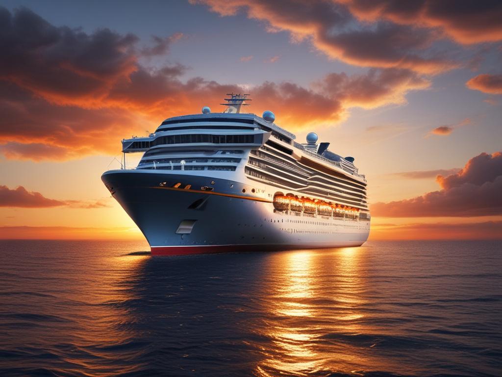 A breathtaking view of a cruise ship gliding across the sparkling ocean during sunset. The ship is elegantly lit, showcasing its grandeur against a vibrant sky filled with hues of orange, pink, and purple. The foreground features the ship's deck with passengers enjoying the scenic view. The composition is simple and clear, focusing on the beauty of the cruise experience. Use photorealistic rendering to highlight the luxurious details of the ship and the calmness of the sea.