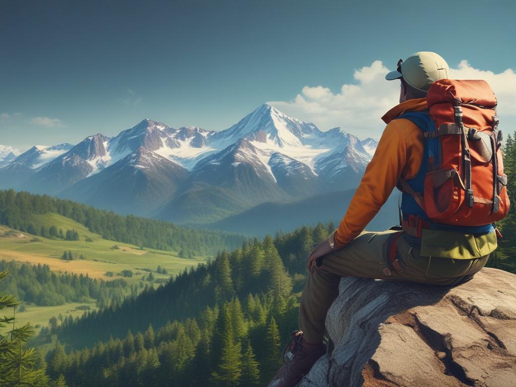 An adventurous traveler standing atop a mountain peak, overlooking a stunning landscape of valleys and forests below. The traveler is equipped with hiking gear, exuding a sense of accomplishment and thrill. The sky is clear blue, creating a bright and inviting atmosphere. The composition emphasizes the height and beauty of nature, with minimal distractions in the background. Use vibrant colors and high-resolution detail to capture the essence of adventure in this breathtaking scene.