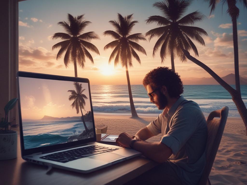 A serene beach scene with a single person working on a laptop under a large palm tree. The sun sets in the background, casting rich blues and soft grays across the sky. The person is relaxed, wearing casual attire, and focused on the screen. In the foreground, gentle waves lap at the shore, creating a peaceful ambiance. The composition is simple and clear, emphasizing the tranquil work environment.