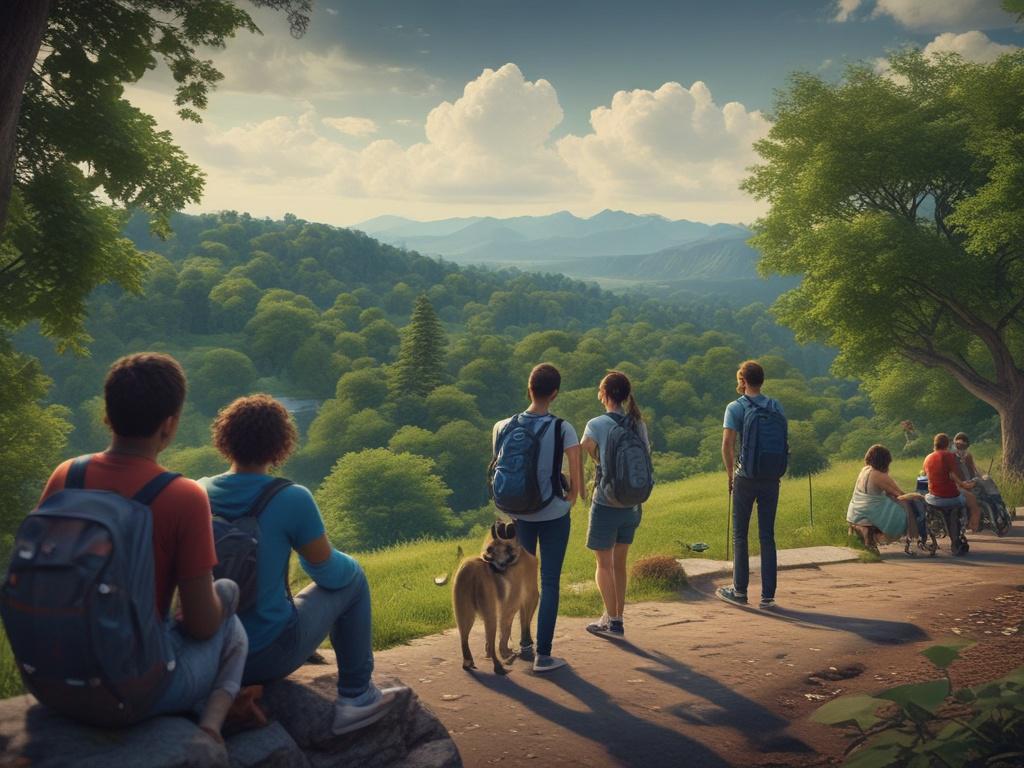 A realistic high-resolution photo featuring a vibrant group of diverse travelers, smiling and enjoying a beautiful outdoor setting, perhaps a scenic overlook or a lush park. The background should have soft gray tones with rich blues in the sky and a hint of greenery. The composition should focus on the joyful expressions of the group, emphasizing camaraderie and adventure, with natural lighting that enhances the colors.