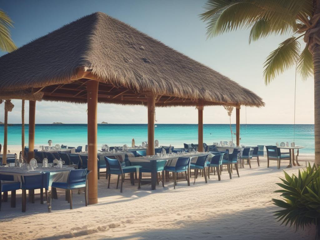 A stunning beach club scene at Bimini, showcasing a luxurious and vibrant atmosphere. The image features a pristine sandy beach with crystal-clear turquoise waters gently lapping at the shore. In the foreground, there is a stylish beach bar with comfortable lounge chairs and colorful umbrellas. Palm trees sway in the gentle breeze, casting soft shadows on the sand. The sky is a breathtaking gradient of soft blues and grays, creating a tranquil yet lively ambiance. This image captures the essence of a perfec