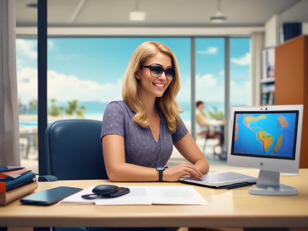 A realistic high-resolution photo of a travel agent sitting at a modern desk, with a laptop open displaying a vibrant travel destination. The agent is engaged in a conversation with a client, smiling and pointing at the screen. The background features a world map and travel-related decor. The overall color scheme is minimalistic with clean lines and bold vibrant colors, focusing on the essential elements of travel planning.