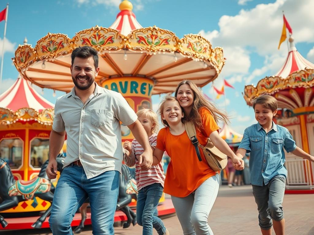 Create a highly realistic, high-resolution image that encapsulates the essence of family-friendly travel for a blog titled "Top 5 Family-Friendly Destinations for 2024." The composition should be simple and clear, featuring a joyful family of four (parents and two children) enjoying a day at a vibrant, popular amusement park, symbolizing adventure and excitement.

The family should be depicted engaging in a fun activity, such as riding a colorful carousel or holding hands while exploring the park. The paren