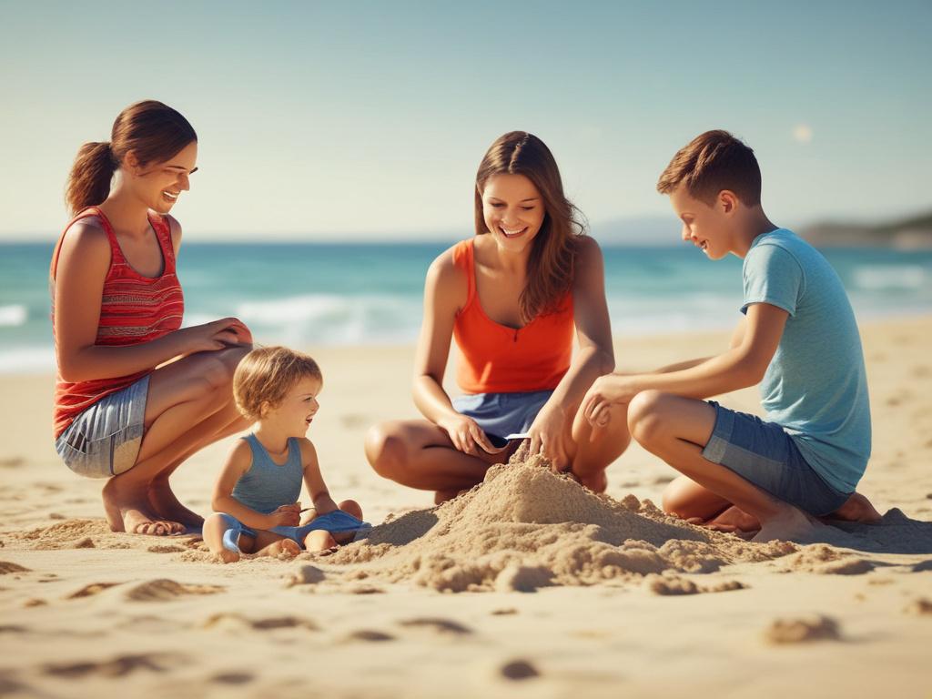 A happy family enjoying a beach vacation, with clear blue waters and soft sand in the background. The family is playing together, building sandcastles and laughing, capturing the joy of togetherness. The composition is minimalistic, focusing solely on the family, with vibrant colors highlighting the sun and sea.