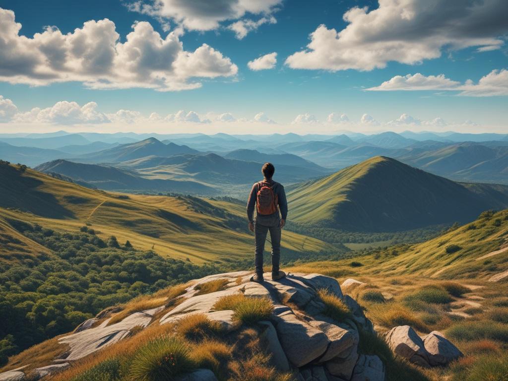 A lone hiker standing on a mountain peak, overlooking a stunning valley filled with lush greenery and a clear blue sky. The image should capture the essence of adventure and exploration, showcasing the hiker's silhouette against the breathtaking backdrop. The composition is clear and minimalistic, emphasizing the vastness of nature.