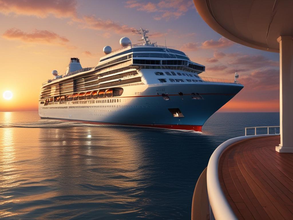 A luxurious cruise ship sailing through calm waters during sunset. The ship is elegantly lit, reflecting off the water, while a couple enjoys the view from the deck. The image should evoke a sense of relaxation and adventure, with vibrant colors capturing the beauty of the moment.