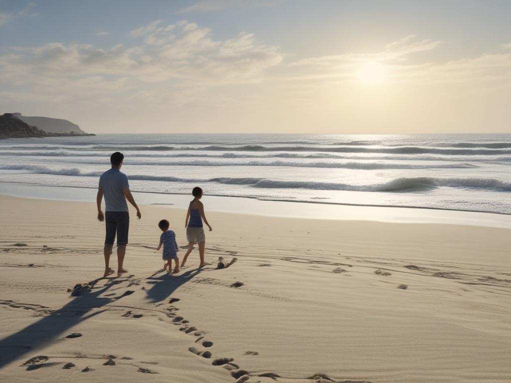 A high-resolution photo of a serene beach scene, featuring gentle waves lapping at the shore under a clear blue sky. The foreground should show a family enjoying their vacation, playing in the sand, with soft gray tones in the background to create a cool-toned atmosphere, harmonizing with shades of rich blues.