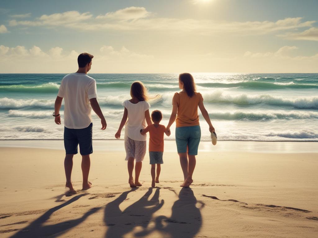 A joyful family of four exploring a beautiful tropical beach. The parents and two children are laughing and playing in the soft sand, with the ocean waves gently lapping at the shore. The sun is setting in the background, casting a warm golden glow over the scene. The family is dressed in vibrant beachwear, exuding happiness and connection, with palm trees framing the background.