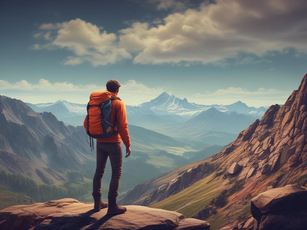 A breathtaking mountain landscape with a lone hiker standing at the edge of a cliff, gazing at the vast wilderness below. The hiker is equipped with a backpack and colorful outdoor gear, surrounded by towering peaks and vibrant wildflowers. The sky is clear with a few fluffy clouds, highlighting the beauty of nature.