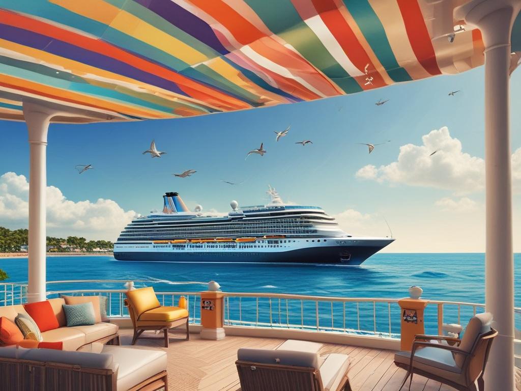 A majestic cruise ship sailing through calm azure waters under a clear blue sky. The ship is adorned with colorful flags and is surrounded by small boats and playful dolphins. Passengers are visible on the deck, enjoying the sun and the ocean breeze, while beautiful lush islands dot the horizon in the background.