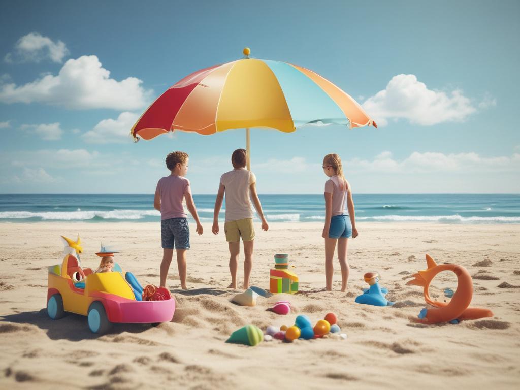 A happy family enjoying a beach vacation, playing in the sand with colorful beach toys. The scene captures joy and togetherness under a bright blue sky with fluffy white clouds in the background. The focus is on the family interacting, with vibrant beach umbrellas and the ocean waves gently rolling in nearby.