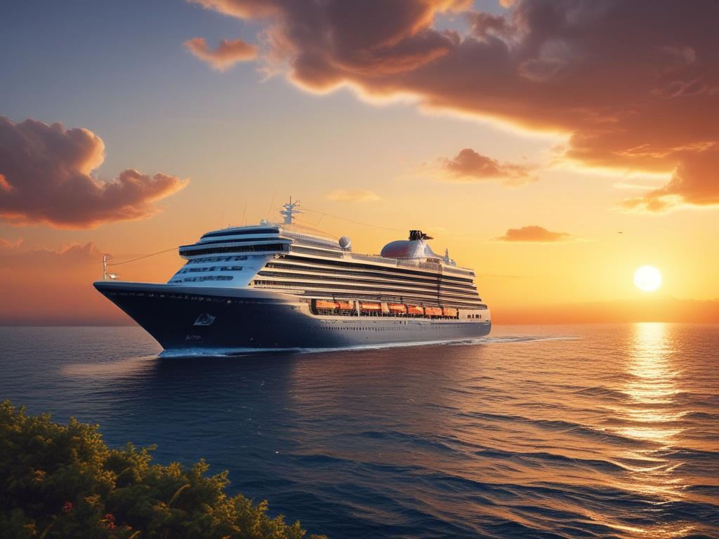 A majestic cruise ship gliding through clear blue waters. The ship is adorned with vibrant decorations and an inviting pool area visible on deck. The sun sets in the background, casting a warm golden hue over the scene, while a few seagulls soar above, emphasizing the sense of adventure and freedom.