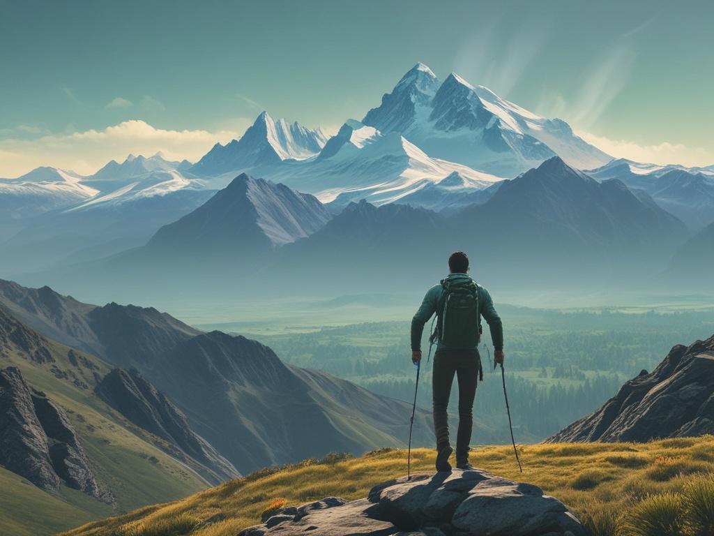 A breathtaking mountain landscape featuring a lone hiker standing at the summit, arms raised in triumph. The view showcases majestic peaks and a clear blue sky, with lush green valleys below. The focus is on the hiker, capturing the essence of adventure and achievement in nature.